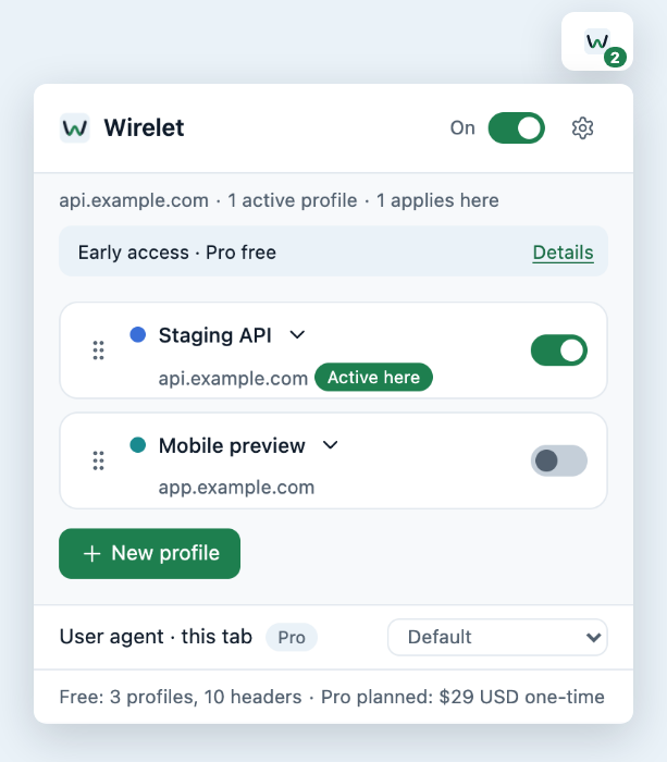 Wirelet’s window on api.example.com: the “Staging API” profile is on and active on this site, a second profile is off, and the “User agent · this tab” row is at the bottom.