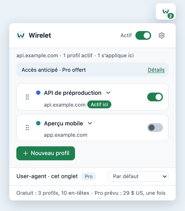 La fenêtre de Wirelet sur api.example.com : le profil « API de préproduction » est activé et actif ici, un second profil est désactivé, et la ligne « User-agent · cet onglet » est en bas.