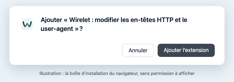Illustration de la boîte d’installation du navigateur pour Wirelet : « Ajouter l’extension », sans aucune permission listée.