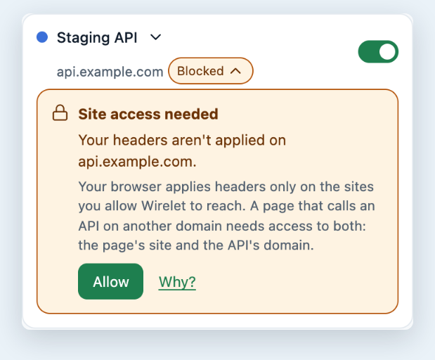 A profile marked “Blocked” with Wirelet’s explanation: your headers aren’t applied on api.example.com until you allow access, with an “Allow” button.